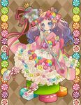  argyle argyle_background ascot blue_bow blue_eyes bow brown_background candy candy_hair_ornament colorful crown double_bun dress food food_themed_hair_ornament food_themed_ornament frilled_dress frills full_body green_bow hair_bow hair_ornament highres japanese_clothes kimono kirio_mari long_hair looking_at_viewer orange_bow original personification pink_bow pink_shirt pocketland print_kimono purple_bow purple_hair rainbow_order red_bow sandals shirt sitting smile socks solo staff white_dress yellow_bow 