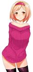  arms_behind_back bare_shoulders black_legwear blonde_hair blush collarbone contrapposto cowboy_shot djeeta_(granblue_fantasy) eyebrows eyebrows_visible_through_hair granblue_fantasy hair_intakes han_(jackpot) hips looking_at_viewer no_pants off-shoulder_sweater off_shoulder orange_eyes pink_sweater short_hair simple_background smile solo standing striped striped_sweater sweater thighhighs white_background 