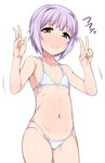  bikini brown_eyes double_v flat_chest hidebou idolmaster idolmaster_cinderella_girls koshimizu_sachiko navel purple_hair short_hair solo standing swimsuit v 