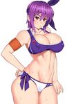  ayane_(doa) bangs breasts cameltoe cleavage collarbone covered_nipples cowboy_shot dead_or_alive hairband highres large_breasts lips looking_at_viewer parted_lips purple_hair red_eyes short_hair simple_background skindentation solo sports_bikini standing sweat white_background zonda_(solid_air) 