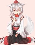  animal_ears baram detached_sleeves geta hat inubashiri_momiji leaf looking_at_viewer maple_leaf pom_pom_(clothes) red_eyes ribbon-trimmed_sleeves ribbon_trim short_hair sitting smile solo tabi tail tokin_hat touhou white_hair wolf_ears wolf_tail 