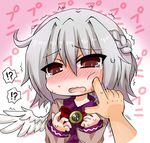  1boy 1girl blush bow bullying cheek_poking commentary crying crying_with_eyes_open d: jacket kishin_sagume looking_at_viewer noai_nioshi open_mouth poking pov red_eyes sad silver_hair single_wing solo_focus sweat tears touhou trembling tsurime wings 