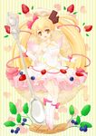  :d awayuki_tobari blonde_hair blueberry boots bow cake chocolate_bar elbow_gloves food food_themed_hair_ornament food_themed_ornament fruit full_body gloves hair_bow hair_ornament hair_ribbon knee_boots leaf long_hair looking_at_viewer open_mouth original oversized_object personification pink_bow pink_ribbon pocketland ribbon skirt smile solo spoon standing strawberry striped striped_background twintails white_footwear white_gloves white_skirt wings yellow_eyes 