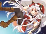  :d absurdres black_legwear blush boots capelet christmas commentary_request etna_(kuzuyu) gloves hair_ornament hat highres komori_kuzuyu long_hair looking_at_viewer open_mouth original red_eyes red_gloves sack santa_costume santa_hat silver_hair smile solo thighhighs 