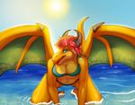 2013 all_fours anthro bikini blue_clothing blue_eyes blue_sky breasts cleavage clothed clothing collaboration countershading dragon female fivel front_view hair horn looking_at_viewer membranous_wings open_mouth outside partially_submerged pink_hair scales sea shani sky slist solo spread_wings swimsuit tongue water white_sclera wings yellow_scales 