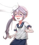  akebono_(kantai_collection) bell blush disco_brando embarrassed flower hair_bell hair_flower hair_ornament hand_on_another's_head jingle_bell kantai_collection long_hair nose_blush open_mouth out_of_frame petting purple_eyes purple_hair school_uniform self_upload serafuku side_ponytail simple_background skirt solo_focus tears upper_body 