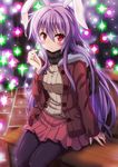  alternate_costume animal_ears black_legwear blush bunny_ears highres long_hair long_sleeves looking_at_viewer oubou pantyhose plaid plaid_scarf purple_hair red_eyes reisen_udongein_inaba scarf sidelocks sitting skirt smile solo sparkle touhou winter_clothes 