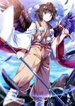  alternate_costume bird_wings black_hair black_wings e.o. feathers hat hat_ribbon highres japanese_clothes long_sleeves pants polearm pom_pom_(clothes) red_eyes ribbon sash shakujou shameimaru_aya shirt solo staff tokin_hat touhou vajra_(object) weapon wide_sleeves wings 
