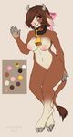 anthro bell bovine bow breasts brown_fur brown_hair cattle female fur hair hooves horn looking_at_viewer mammal navel navel_piercing nipples piercing puddingpaw pussy short_hair smile solo 