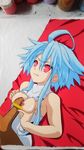  1girl absurdres ahoge bed blue_hair blush breasts censored hasamimushi hetero highres looking_at_viewer neptune_(series) paizuri penis power_symbol red_eyes short_hair_with_long_locks sidelocks small_breasts symbol-shaped_pupils tears torn_clothes traditional_media white_heart 