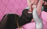  black_legwear blue_eyes breasts chain chained cleavage couch cuffs dress fur huge_breasts lips long_hair original pantyhose parted_lips pink_hair sharlona solo 