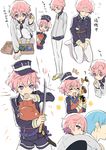  ^_^ akita_toushirou aqua_hair armor blue_eyes blush_stickers carrying cat closed_eyes hat ichigo_hitofuri japanese_armor legwear_under_shorts male_focus medal military military_uniform multiple_boys necktie nomuo_(shiromi) open_mouth pantyhose pantyhose_under_shorts piggyback pink_hair shorts smile sword tantou touken_ranbu translation_request uniform weapon white_legwear 