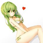  absurdres alternate_costume bangs between_legs bikini blush bow bow_bikini breasts cleavage dutch_angle eyebrows eyebrows_visible_through_hair from_side front-tie_bikini front-tie_top green_bow green_eyes green_hair hair_between_eyes hair_ornament hair_tubes halterneck hand_between_legs heart highres kochiya_sanae large_breasts long_hair side-tie_bikini simple_background sitting snake_hair_ornament solo swimsuit tatapopo touhou underboob white_background 