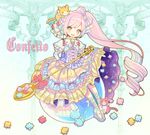  blue_footwear bow candy candy_hair_ornament cat colorful curly_hair dress food food_themed_hair_ornament frilled_dress frills full_body hair_bow hair_ornament juliet_sleeves konpeitou layered_dress lolita_fashion long_hair long_sleeves looking_at_viewer original oversized_object personification pink_hair pocketland puffy_sleeves shoes side_ponytail sitting smile solo spoon tamaki_mitsune yellow_eyes 