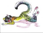  anthro black_hair colorful feline fur hair male mammal mysfortune nude one_eye_closed pose rainbow_fur simple_background solo stripes tiger traditional_media_(artwork) wink 