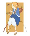  anklet blonde_hair bowl dungeon_meshi eating elf fasces green_eyes hood jewelry long_hair marcille pants pointy_ears robe sandals solo staff wooden_spoon 