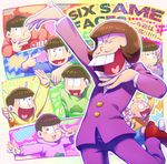  ;d arm_behind_head arm_up bald bowl_cut brothers brown_hair buck_teeth cat chibita esper_nyanko facial_hair finger_gun food formal heart heart_in_mouth hood hoodie iyami male_focus matsu_symbol matsuno_choromatsu matsuno_ichimatsu matsuno_juushimatsu matsuno_karamatsu matsuno_osomatsu matsuno_todomatsu messy_hair multiple_boys mustache oden one_eye_closed open_mouth osomatsu-kun osomatsu-san paneled_background purple_suit sextuplets show_chiku-by siblings six_same_faces smile suit v 