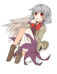  bad_id bad_pixiv_id bow bowtie commentary_request dress jacket kishin_sagume knees_together_feet_apart long_sleeves misha_(hoongju) open_clothes purple_dress purple_skirt red_eyes short_hair silver_hair single_wing skirt solo touhou wings 