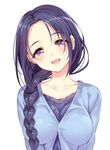  :d blush braid breasts collarbone eyebrows_visible_through_hair gan_(shanimuni) hair_over_shoulder head_tilt large_breasts long_hair looking_at_viewer mole mole_under_eye open_mouth original purple_eyes purple_hair simple_background single_braid smile solo upper_body white_background 
