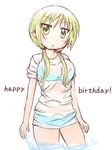  bikini bikini_under_clothes birthday blonde_hair english hair_over_shoulder happy_birthday highres ichii_yui long_hair looking_at_viewer low_twintails see-through solo swimsuit swimsuit_under_clothes twintails wading wet wet_clothes yellow_eyes yuyushiki zumo 