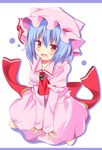  :d absurdres blouse blue_hair blush brooch fangs hat hat_ribbon highres hyurasan jewelry looking_at_viewer mob_cap open_mouth red_eyes remilia_scarlet ribbon sash short_hair shy sitting skirt skirt_set smile solo touhou v_arms wariza 