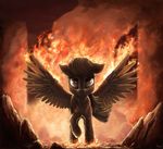  2015 brown_feathers brown_fur brown_hair equine fan_character feathered_wings feathers female feral fire friendship_is_magic fur hair hi_res looking_at_viewer mammal my_little_pony nemo2d pegasus red_eyes rock solo spread_wings wings 