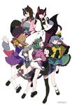  animal_ears arms_behind_head artist_name asymmetrical_wings black_dress black_hair black_legwear blonde_hair bloomers brown_eyes brown_hair commentary_request dress full_body futatsuiwa_mamizou glasses green_eyes green_hair grey_hair hat hat_ribbon highres houjuu_nue imaizumi_kagerou jewelry kasodani_kyouko komeiji_koishi long_hair long_sleeves long_tongue looking_at_viewer looking_back mary_janes moriya_suwako mouse_ears multiple_girls nail_polish namauni nazrin necklace one_eye_closed outstretched_arms pointy_ears raccoon_ears raccoon_tail red_eyes ribbon sandals shirt shoes short_hair short_sleeves simple_background skirt smile socks tail thighhighs tongue touhou underwear upskirt v vest white_background white_legwear wide_sleeves wings wolf_ears wolf_tail zettai_ryouiki 