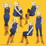  adjusting_hair android_18 arms_behind_head artist_name belt black_legwear blonde_hair blue_eyes boots brown_footwear bubble_blowing buckle character_sheet chewing_gum collarbone crossed_legs dated denim denim_skirt dragon_ball dragon_ball_z earrings frown hand_on_hip hands_on_hips hips invisible_chair jewelry knee_boots lee1210 leg_up long_sleeves looking_away multiple_views pantyhose shiny shiny_hair shirt short_hair simple_background sitting skirt smile smirk striped striped_shirt vest yellow_background 