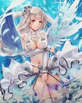  angel_wings aqua_eyes bracelet breast_hold breasts circlet cleavage covering covering_crotch feathered_wings feathers groin headgear jewelry large_breasts looking_at_viewer navel official_art remana revealing_clothes silver_hair skindentation smile solo staff thigh_strap twintails unmei_no_clan_battle wings 