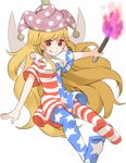  :q american_flag_dress american_flag_legwear bad_id bad_pixiv_id blonde_hair clownpiece collar commentary_request fairy_wings frilled_shirt_collar frills hat jester_cap long_hair misha_(hoongju) pantyhose polka_dot red_eyes short_sleeves smile solo star striped tongue tongue_out torch touhou very_long_hair wings 