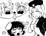  !? 3girls ? ?? animal_ears before_and_after breasts closed_eyes directional_arrow flat_chest greyscale hair_over_one_eye inaba_tewi large_breasts long_hair monochrome multiple_girls necktie nicetack open_mouth photo_(object) reisen_udongein_inaba sparkle spoken_interrobang surprised sweat touhou translated trembling yagokoro_eirin 