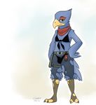  barefoot beak belt bulge clothing crossdressing falco_lombardi fatalfox hand_on_hip holster male neckerchief neutral_face nintendo signature solo star_fox thong torn_clothing unimpressed video_games 