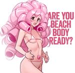  big_hair bikini blush breasts brown_eyes english gem kairuhentai long_hair micro_bikini open_mouth parody pink_hair ringlets rose_quartz_universe small_breasts smile solo steven_universe swimsuit underboob 