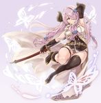  arm_up armpits bare_shoulders black_gloves black_panties blue_eyes blush braid breasts commentary_request demon_horns draph elbow_gloves fingerless_gloves gloves granblue_fantasy hair_ornament hair_over_one_eye horns katana large_breasts lavender_hair long_hair looking_at_viewer narmaya_(granblue_fantasy) panties pointy_ears single_thighhigh smile solo sword thighhighs thomasz underwear weapon 