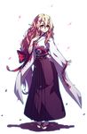  blonde_hair esythqua geta hakama horns japanese_clothes long_hair miko petals purple_hakama ribbon shuna_(tensei_shitara_slime_datta_ken) solo tabi tensei_shitara_slime_datta_ken 