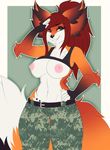  anthro areola breasts canine clothed clothing female flashing fox half-closed_eyes invalid_tag kammymau looking_at_viewer mammal navel nipples salute simple_background smile solo teeth 