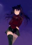  bangs black_bow black_hair black_legwear black_skirt blush bow closed_mouth cross fate/stay_night fate_(series) hair_bow hair_ribbon long_sleeves looking_at_viewer lpip miniskirt night night_sky parted_bangs red_shirt ribbon self_hug shirt skirt sky solo star_(sky) sweater thighhighs toosaka_rin turtleneck two_side_up zettai_ryouiki 