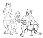  adam_wan anthro biceps bulge canine clothed clothing crossed_arms digitigrade exercise feeling female fennec fox group jealous male mammal monochrome muscular shirt shorts sketch smug tank_top topless weights wolf workout 