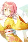  floral_print japanese_clothes kimono looking_at_viewer obi original pink_hair sash short_hair smile solo tika_(mika4975) wide_sleeves yellow_eyes 