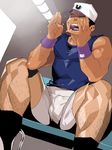  baseball_cap baseball_uniform black_hair boxer_briefs bulge closed_eyes hat leg_hair male_focus male_underwear nezumi_ranna open_mouth original shouting solo sportswear stirrup_legwear sweat teeth tight toeless_legwear tongue underwear 