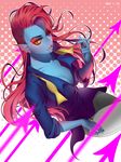  alternate_hair_length alternate_hairstyle blue_skin breasts cigarette cleavage eyeshadow gills head_fins highres lips long_hair makeup medium_breasts monster_girl one_eye_closed red_hair scar scar_across_eye sickly_prince smoking solo undertale undyne very_long_hair 