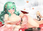  :d =_= alcohol alternate_costume apron bare_shoulders blonde_hair blue_eyes blush bottle braid breasts cleavage collarbone cup drunk floral_print flower food frog_hair_ornament fruit green_hair hair_flower hair_ornament hitodama japanese_clothes kimono kirisame_marisa kochiya_sanae large_breasts long_hair looking_at_viewer lying mandarin_orange multiple_girls obi off_shoulder on_side open_clothes open_mouth open_shirt sakazuki sake sake_bottle sash shin_(new) shirt single_braid smile tabi touhou white_legwear 