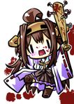  ahoge baseball_bat blood blood_on_face bloody_weapon blush boots brown_hair chibi detached_sleeves double_bun full_body hairband headgear holding holding_weapon japanese_clothes kantai_collection kongou_(kantai_collection) leg_up long_hair nail nail_bat nontraditional_miko open_mouth ribbon-trimmed_sleeves ribbon_trim senomoto_hisashi skirt solo standing standing_on_one_leg thigh_boots thighhighs weapon wide_sleeves |_| 