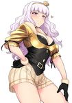  belt beyond_the_nobles black_gloves blush breasts choker cleavage corset gloves hairband hand_on_hip heart highres idolmaster idolmaster_(classic) large_breasts long_hair looking_at_viewer purple_eyes shijou_takane silver_hair simple_background skirt smile solo tsurui white_background yellow_hairband 