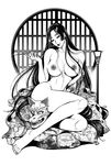  breasts cleavage greyscale holding holding_pipe huge_breasts japanese_clothes kimono kiseru long_hair looking_at_viewer mask mask_removed mole mole_under_mouth monochrome nipples nude open_clothes open_kimono original pipe sitting smile solo very_long_hair yamasaki_masato yuujo 