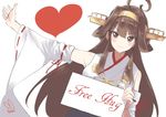  ahoge artist_name blush brown_eyes brown_hair detached_sleeves english headgear heart holding holding_sign kantai_collection kongou_(kantai_collection) long_hair nontraditional_miko outstretched_arm ribbon-trimmed_sleeves ribbon_trim sensen sign smile solo 