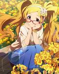  :3 artist_request bespectacled blonde_hair bracelet earrings emily_stewart field flower flower_field glasses hairband idolmaster idolmaster_million_live! jewelry long_hair looking_at_viewer official_art purple_eyes rapeseed_blossoms smile solo twintails 