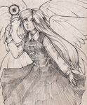  angel_wings beige_background dress eyebrows eyebrows_visible_through_hair flower head_wings holding holding_flower lionrion long_hair long_sleeves looking_at_viewer monochrome multiple_wings sariel simple_background smile solo touhou touhou_(pc-98) white_hair wings 
