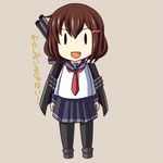  brown_hair catchphrase chibi fang hair_ornament hairclip ikazuchi_(kantai_collection) kantai_collection machinery neckerchief nishi_koutarou open_mouth pantyhose red_neckwear school_uniform serafuku skirt solid_eyes solo translated |_| 