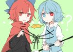  2girls bad_id bad_pixiv_id blue_eyes bow cape commentary_request hair_bow heterochromia looking_at_viewer misha_(hoongju) multiple_girls red_eyes sekibanki short_hair sweat tatara_kogasa touhou 